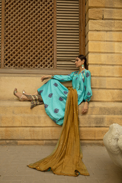 JAMSHEDA SHIRT, TROUSERS IN SILK AND DUPATTA IN COTTON NET