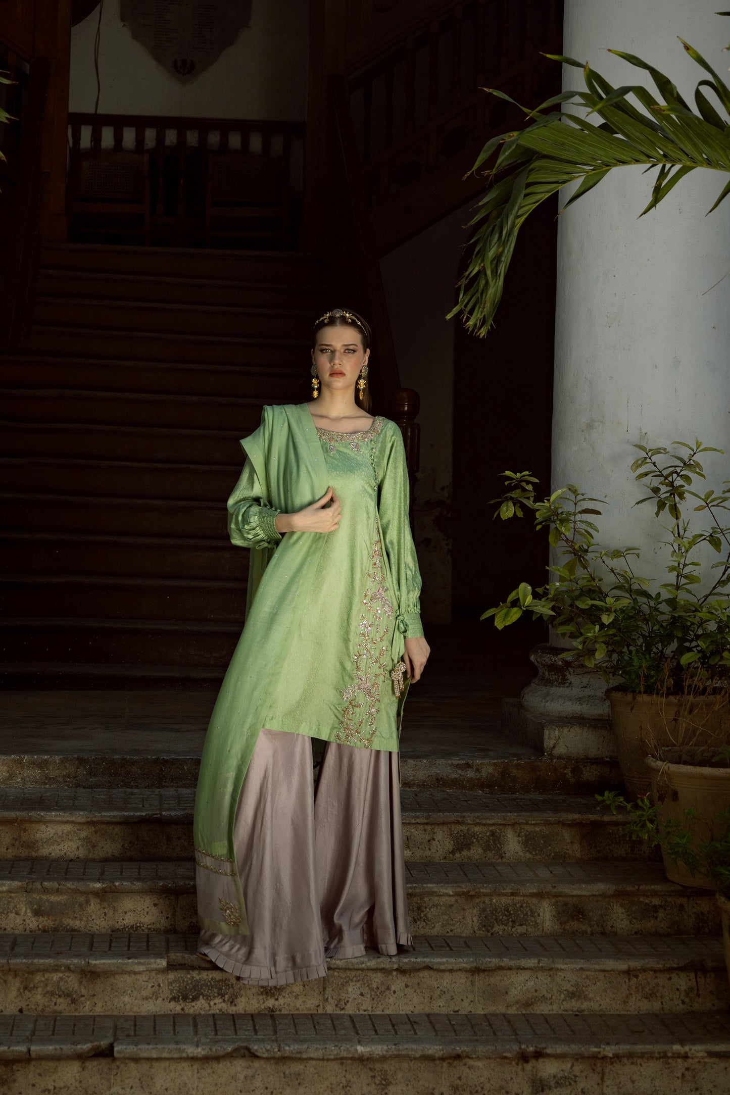 SARAH SHIRT, GHARARA IN SILK AND DUPATTA IN KHADDI SILK NET