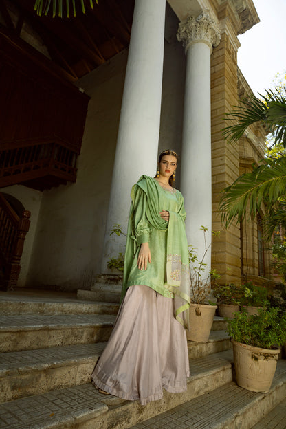 SARAH SHIRT, GHARARA IN SILK AND DUPATTA IN KHADDI SILK NET