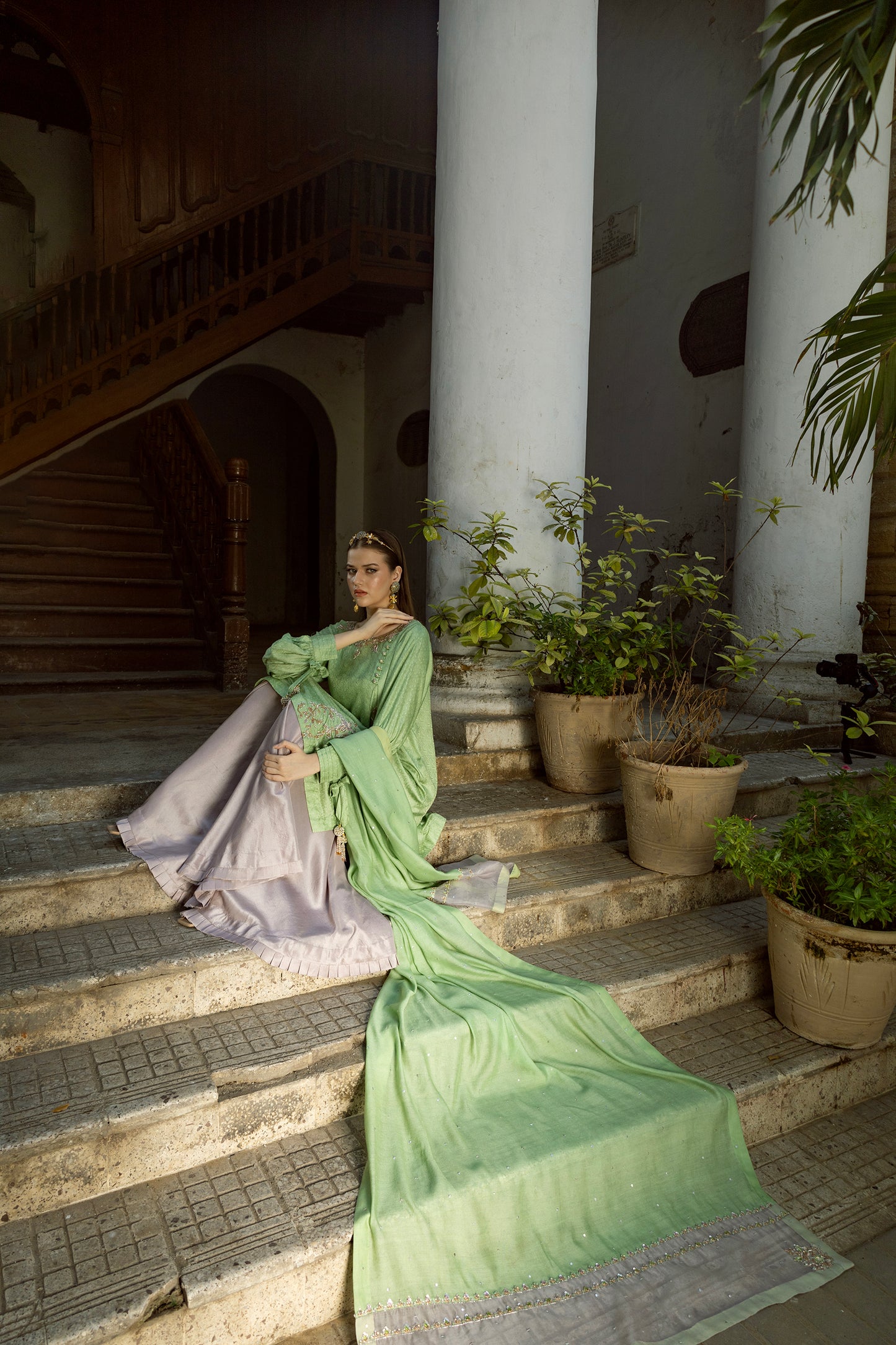 SARAH SHIRT, GHARARA IN SILK AND DUPATTA IN KHADDI SILK NET