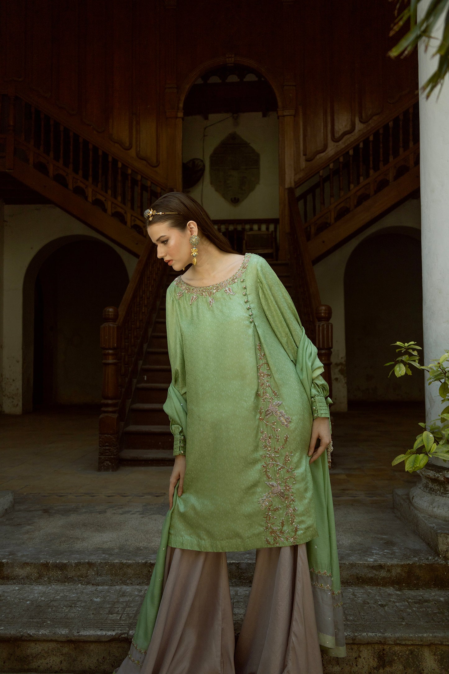 SARAH SHIRT, GHARARA IN SILK AND DUPATTA IN KHADDI SILK NET