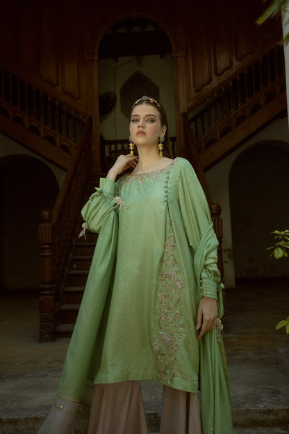 SARAH SHIRT, GHARARA IN SILK AND DUPATTA IN KHADDI SILK NET