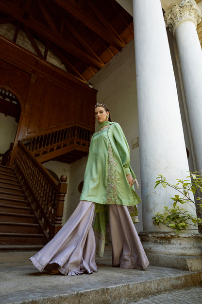 SARAH SHIRT, GHARARA IN SILK AND DUPATTA IN KHADDI SILK NET