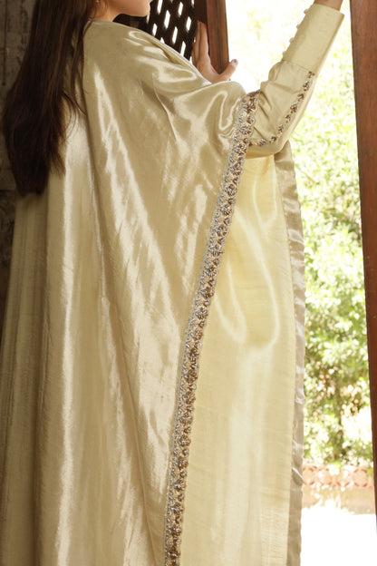 RUBAB SHIRT, TROUSERS IN SILK AND CAPE IN SILK LAME