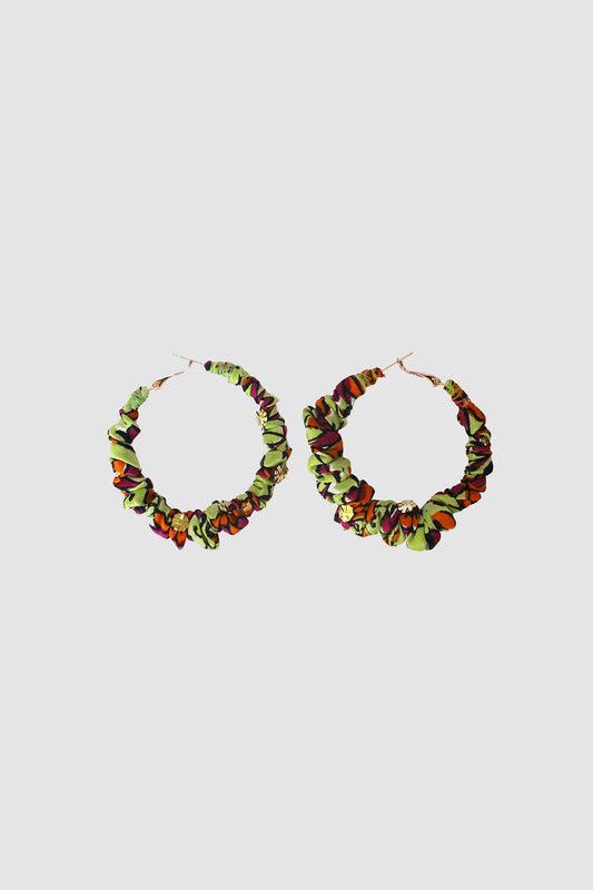 NAYAB FLORAL FABRIC HOOP EARRINGS LARGE IN SILK CHARMEUSE