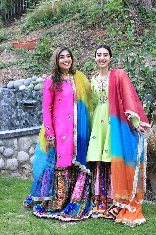 RUBAB & MARIAM SHIRT, GHARARA IN SILK AND DUPATTA IN NET