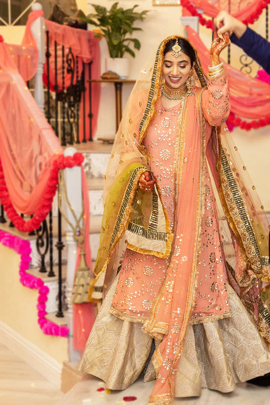 SARAH SHIRT IN SILK CHIFFON, GHARARA IN SILK AND DUPATTA IN SILK CHIFFON AND NET