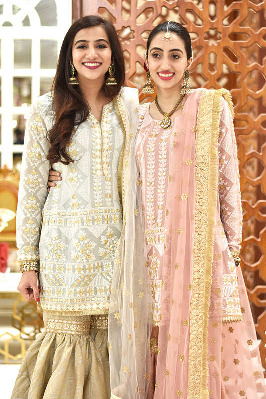 SARAH & MARIAM SHIRT, GHARARA IN SILK AND DUPATTA IN NET